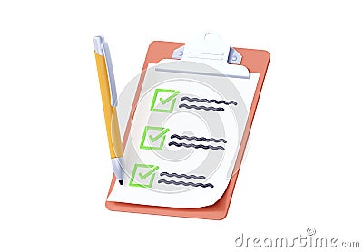 Checklist 3d render - paper list with questionnaire, contract clipboard and survey check form. Test note with pencil Stock Photo