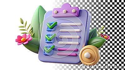 Checklist with flowers, floral checklist, task list, spring checklist, to-do list, list icon png transparent image Generative AI Stock Photo
