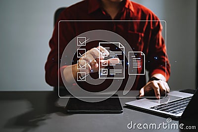 Checklist and filling survey form online. Document management system, DMS. Assessment form, questionnaire, checklist .Quality Stock Photo