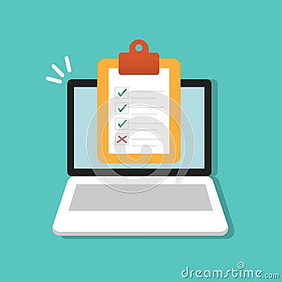 Checklist form on clipboard on laptop icon. Customer survey concept vector illustration flat style Vector Illustration