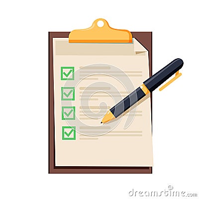 Checklist icon. Document with green ticks checkmarks. Checklist and pen. Application form, complete tasks Vector Illustration