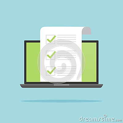 Checklist on laptop screen. Laptop with green marks. Online survey, quiz, questionnaire concepts. Vector Illustration