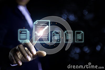 Checklist Online Documentation data Management concept. businessman checking mark on checklist online approve sheet. data analysis Stock Photo