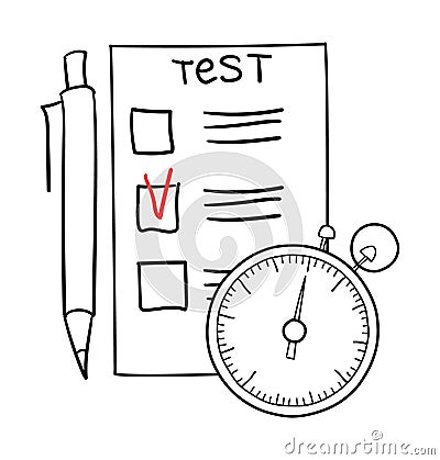 Checklist, pencil and stopwatch. Logo of an exam. Vector illustration Vector Illustration