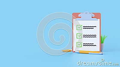 Checklist render 3d - paper clipboard, task check list icon and office pencil. Exam note, clip board for web page Cartoon Illustration