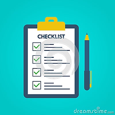 Checklist with tick marks in a flat style. Questionnaire on a clipboard paper. Successful completion of business tasks. Checklist, Vector Illustration