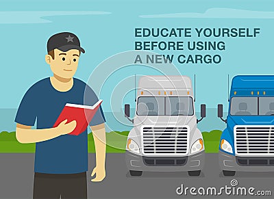 Checklist for truck drivers. Educate yourself before using a new cargo. Semi-trailer driver reading a book. Vector Illustration