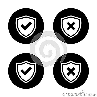 Checkmark and cross shield icon on black circle. Check and x symbol vector Vector Illustration