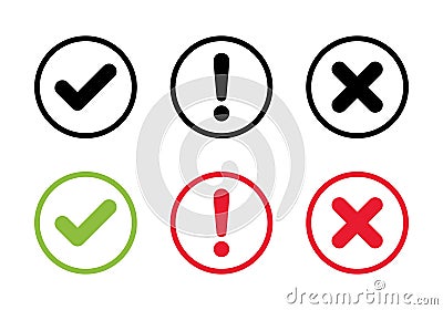 Checkmark, exclamation and cross mark icon on circle line. Check, warning, and x symbol vector Vector Illustration