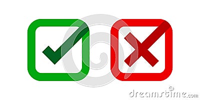 Checkmark and x or confirm and deny square icon button flat for apps and websites symbol, icon checkmark choice, checkbox button Vector Illustration