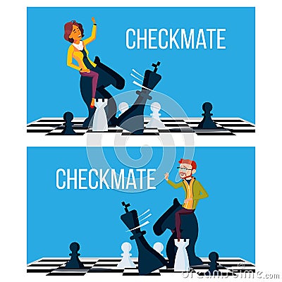 Checkmate Concept Vector. Business Man And Woman Make Checkmate On Board. Victory Challenge. Illustration Vector Illustration