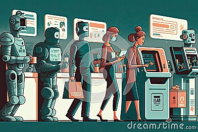 checkout line with various people, robots and devices, each using different payment methods Stock Photo