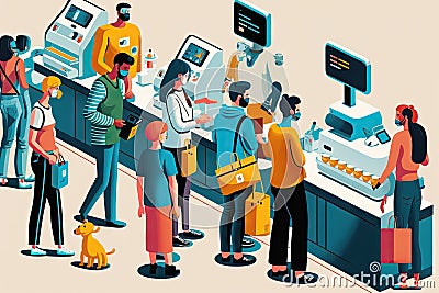 checkout line with various people, robots and devices, each using different payment methods Stock Photo