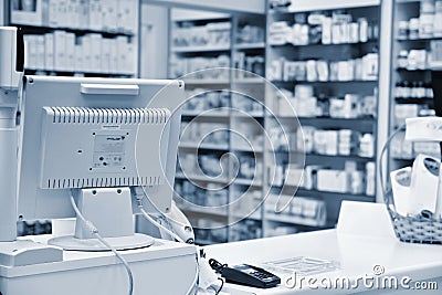 Checkout the pharmacy. Interior pharmacies and blurred background. Stock Photo