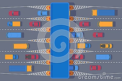 Checkpoint of collection on autobahn and toll road . Car and roadside point. Highway toll area with transport. Top view Vector Illustration