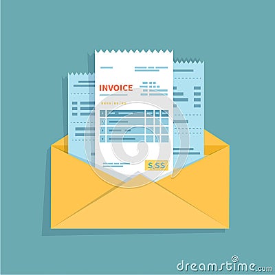 Checks and invoices in an open envelope. Concept of pay bills, invoices, services. Business or financial operations sign. Vector Illustration