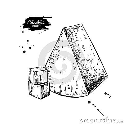 Cheddar cheese drawing. Vector hand drawn food sketch. Engraved triangle Slice Vector Illustration