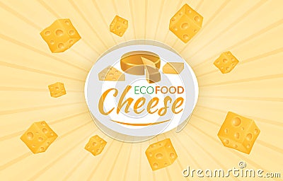 Cheddar cheese logo, emmental frame. Realistic gouda round slices, yellow texture. Flying pieces. Healthy milk product Vector Illustration