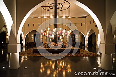 The Chedi, Muscat, Oman. Hall with colorful lanterns and sitting accomodations Editorial Stock Photo