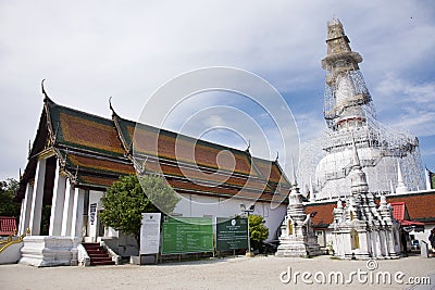 Chedi and ubosot of Wat Phra Mahathat Woramahawihan in Nakhon Si Thammarat, Thailand Editorial Stock Photo