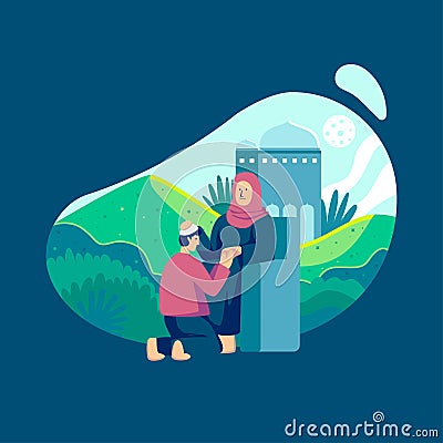 Cheeful ramadan kareem background, illustration with nature scene, hill and mosque flat illustration Vector Illustration