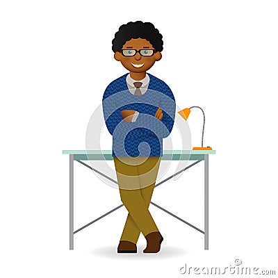 Cheeky african man in sweater and shirt posing. Leaned on the table. Vector Illustration