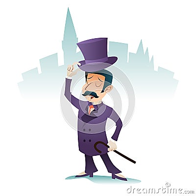 Cheer Greeting Meet Great Britain Victorian Gentleman Businessman Character Icon on Stylish English City Background Vector Illustration