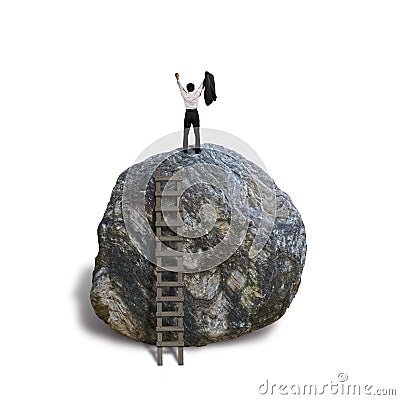 Cheered businessman climb on top of large rock, white baqckground Stock Photo