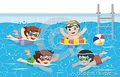 Cheerful and active Kids swimming in the swimming pool. Vector Illustration