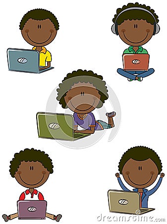 Cheerful African-American boys with laptops Vector Illustration