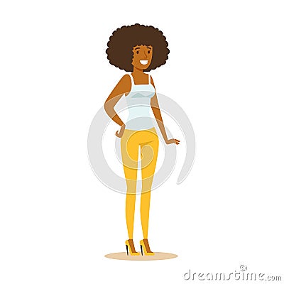 Cheerful African American girl with beautiful natural hair in street fashion outfit. Colorful cartoon character vector Vector Illustration