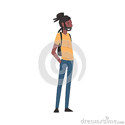 Cheerful African American Guy in Casual Clothes Standing with Backpack, International College or University Student Vector Illustration