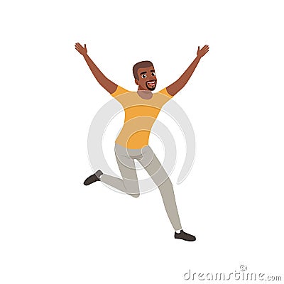 Cheerful Afro-American man in jumping action with wide open arms. Cartoon guy character with happy face expression. Flat Vector Illustration