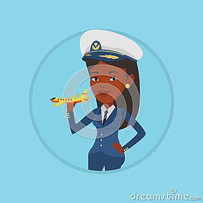 Cheerful airline pilot with model airplane. Vector Illustration