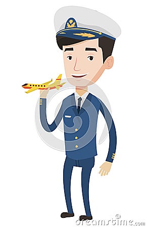 Cheerful airline pilot with model airplane. Vector Illustration