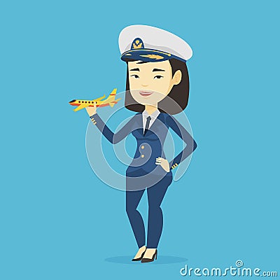 Cheerful airline pilot with model airplane. Vector Illustration