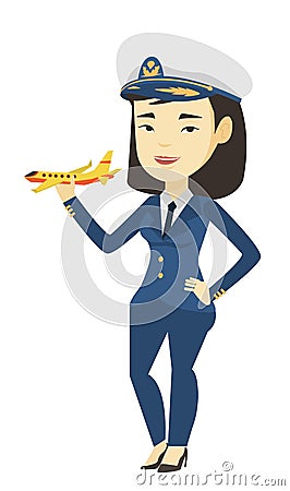 Cheerful airline pilot with model airplane. Vector Illustration