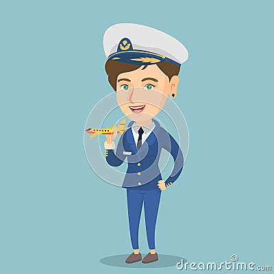 Cheerful airline pilot with the model of airplane. Vector Illustration