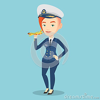 Cheerful airline pilot with model airplane. Vector Illustration