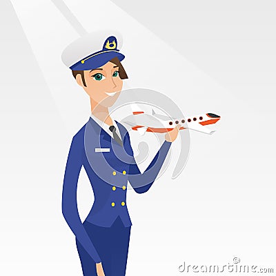 Cheerful airline pilot with the model of airplane. Vector Illustration