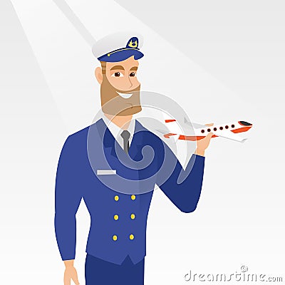 Cheerful airline pilot with the model of airplane. Vector Illustration