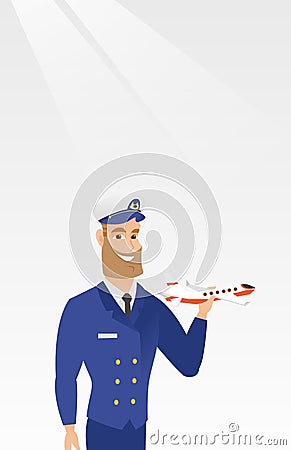 Cheerful airline pilot with the model of airplane. Vector Illustration