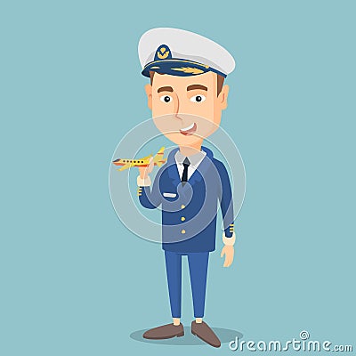 Cheerful airline pilot with model of airplane. Vector Illustration