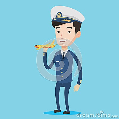 Cheerful airline pilot with model airplane. Vector Illustration