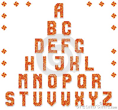 Cheerful alphabet of triangular mosaics. Fiery colors. Vector illustration Vector Illustration