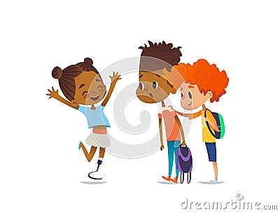 Cheerful amputee girl happily greet her school friends and shows them new artificial leg, two boys are surprised and Vector Illustration