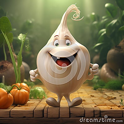 Cheerful animated garlic with a smile on her face on the kitchen table Stock Photo