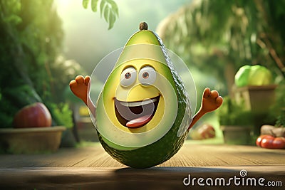 Cheerful animated green avocado with a smile on its face on the kitchen table Stock Photo