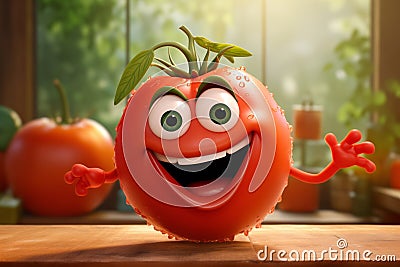 Cheerful animated red wet tomato with a smile on his face on the kitchen table Stock Photo