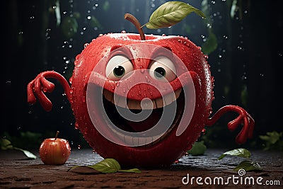 A cheerful animated wet red apple with a smile on its face in the rain Stock Photo